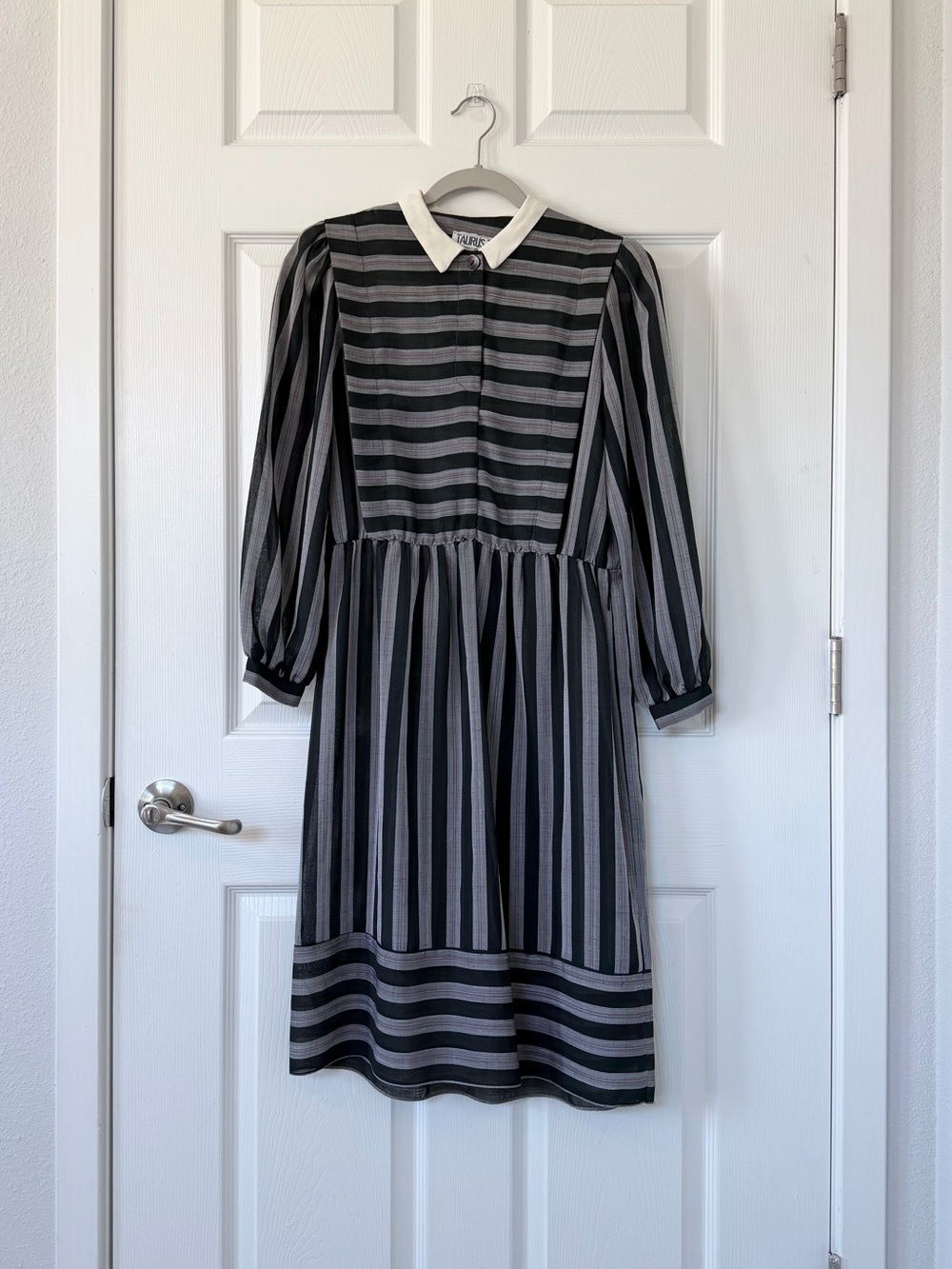 Vintage Union Made Striped Black & Gray Long-Sleeve Academia Dress Made in USA